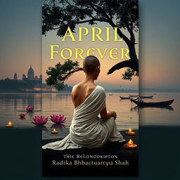 A book cover design featuring a slim woman with a bald head sitting under a large tree on the banks of the Ganges river during dusk