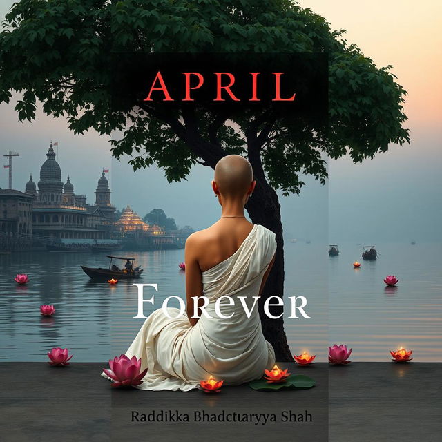 A book cover design featuring a slim woman with a bald head sitting under a large tree on the banks of the Ganges river during dusk