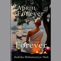 A book cover design featuring a slim woman with a bald head sitting under a large tree on the banks of the Ganges river during dusk