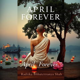 A book cover design featuring a slim woman with a bald head sitting under a large tree on the banks of the Ganges river during dusk