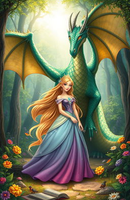 A classic fairy tale scene depicting a beautiful princess with flowing long hair wearing an elegant gown adorned with sparkling jewels