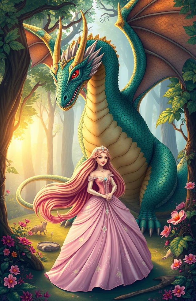 A classic fairy tale scene depicting a beautiful princess with flowing long hair wearing an elegant gown adorned with sparkling jewels