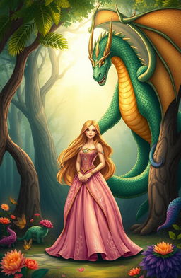 A classic fairy tale scene depicting a beautiful princess with flowing long hair wearing an elegant gown adorned with sparkling jewels
