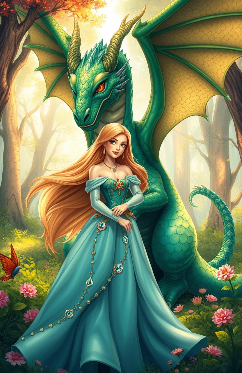 A classic fairy tale scene depicting a beautiful princess with flowing long hair wearing an elegant gown adorned with sparkling jewels