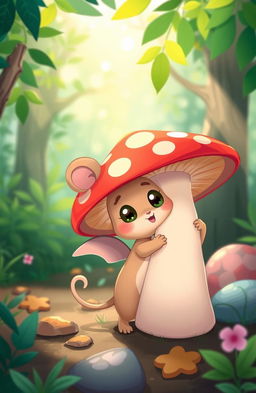 A whimsical illustration of a cute, cartoonish creature resembling a 'tikus buntung' (a type of mouse) with small, hidden wings