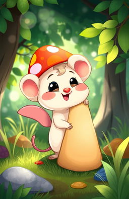 A whimsical illustration of a cute, cartoonish creature resembling a 'tikus buntung' (a type of mouse) with small, hidden wings