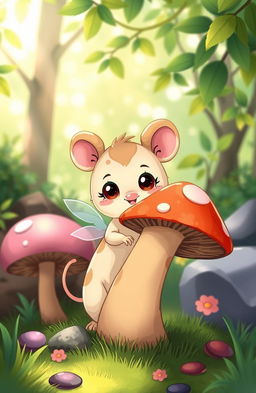 A whimsical illustration of a cute, cartoonish creature resembling a 'tikus buntung' (a type of mouse) with small, hidden wings