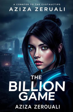 A captivating dystopian scene featuring the cover of 'The Billion Game' by Aziza Zerouali