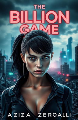 A captivating dystopian scene featuring the cover of 'The Billion Game' by Aziza Zerouali