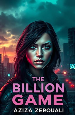 A captivating dystopian scene featuring the cover of 'The Billion Game' by Aziza Zerouali