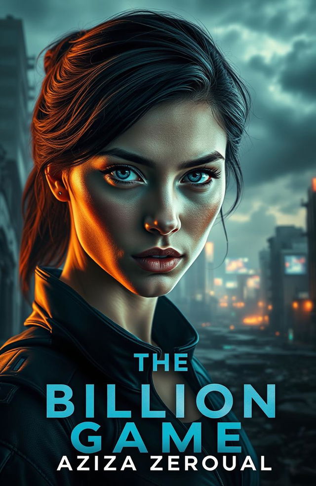 A captivating dystopian scene featuring the cover of 'The Billion Game' by Aziza Zerouali