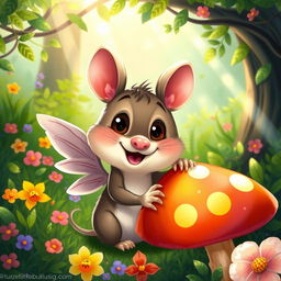 A whimsical and charming illustration of a 'tikus buntung' (a type of mouse) with small, hidden wings