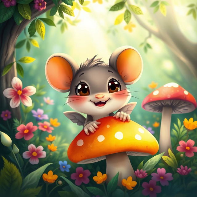 A whimsical and charming illustration of a 'tikus buntung' (a type of mouse) with small, hidden wings