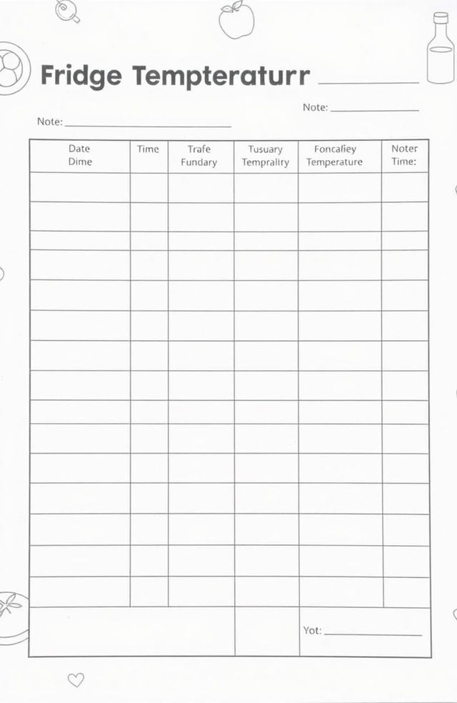 A detailed and organized fridge temperature log book page, featuring a clean layout that includes sections for date, time, and temperature readings