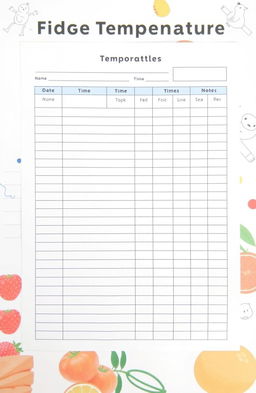 A detailed and organized fridge temperature log book page, featuring a clean layout that includes sections for date, time, and temperature readings