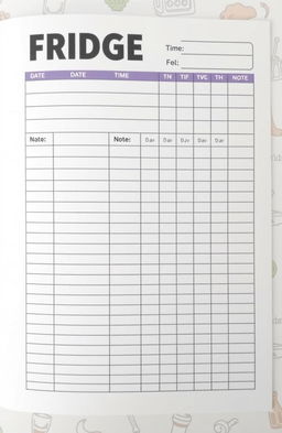 A detailed and organized fridge temperature log book page, featuring a clean layout that includes sections for date, time, and temperature readings