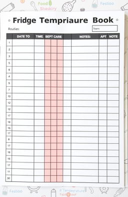 A detailed and organized fridge temperature log book page, featuring a clean layout that includes sections for date, time, and temperature readings