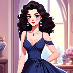 Cartoon woman with sapphire eyes, dark curly hair, in an elegant dress against a pastel background.