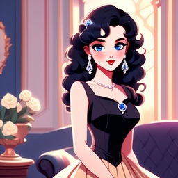 Cartoon woman with sapphire eyes, dark curly hair, in an elegant dress against a pastel background.