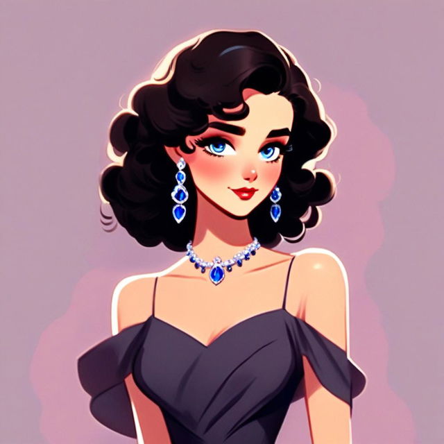 Cartoon woman with sapphire eyes, dark curly hair, in an elegant dress against a pastel background.