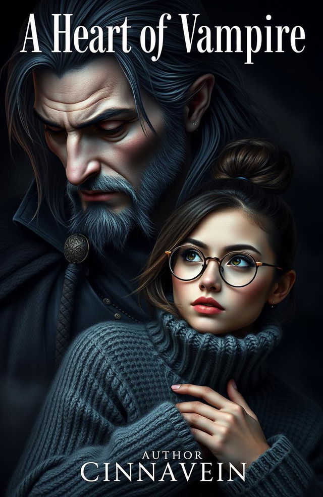 A dark romance cover featuring an ancient, beautiful male vampire with a strong jawline and medium-long hair, reminiscent of a fierce warrior, looming protectively over a tiny woman