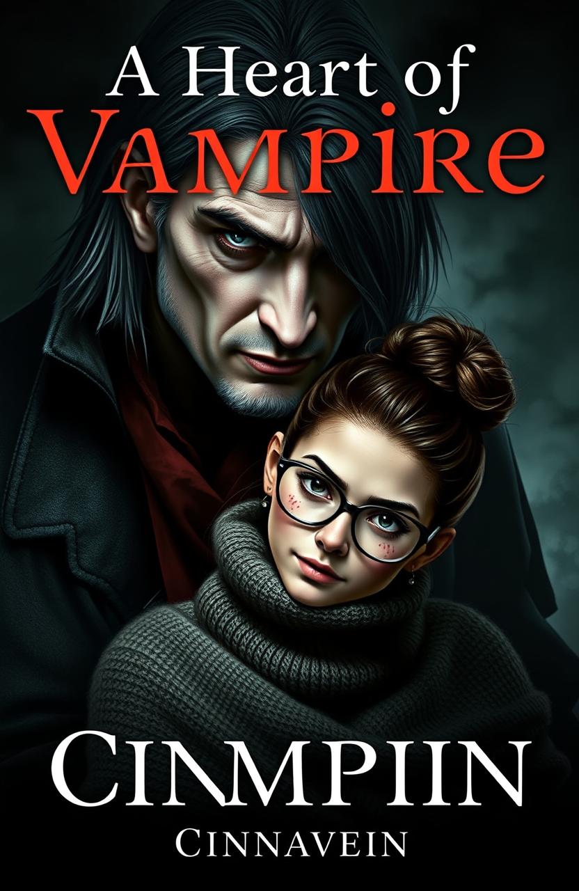 A dark romance cover featuring an ancient, beautiful male vampire with a strong jawline and medium-long hair, reminiscent of a fierce warrior, looming protectively over a tiny woman