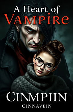 A dark romance cover featuring an ancient, beautiful male vampire with a strong jawline and medium-long hair, reminiscent of a fierce warrior, looming protectively over a tiny woman