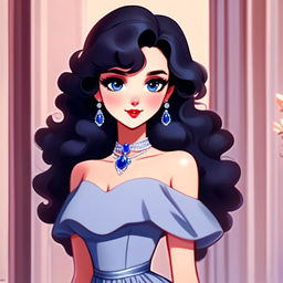 Cartoon woman with sapphire eyes, dark curly hair, in an elegant dress against a pastel background.