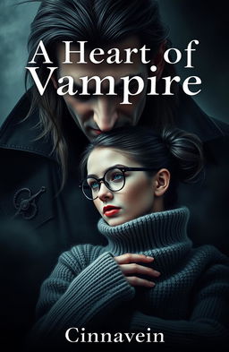 A dark romance cover featuring an ancient, beautiful male vampire with a strong jawline and medium-long hair, reminiscent of a fierce warrior, looming protectively over a tiny woman