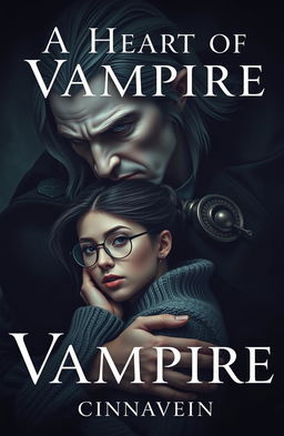 A dark romance cover featuring an ancient, beautiful male vampire with a strong jawline and medium-long hair, reminiscent of a fierce warrior, looming protectively over a tiny woman