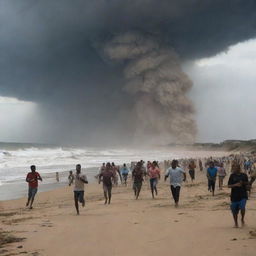 A scene of chaos unfolds on the desert's coastal edge as villagers, their faces reflecting sheer terror, run from the escalating threats of the sea tornado.