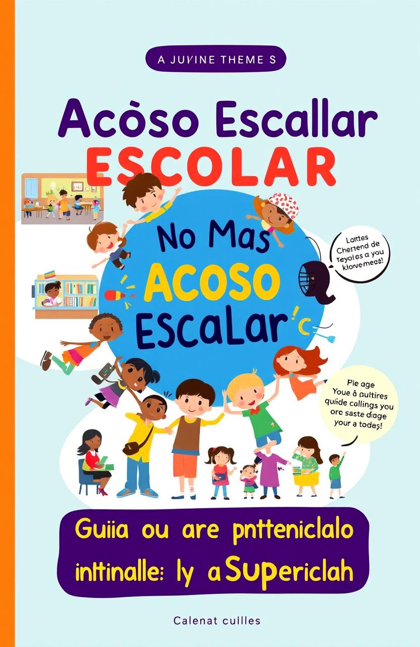 A colorful, engaging cover design for a juvenile theme guide titled "No Más Acoso Escolar: Guía para Entenderlo y Superarlo"