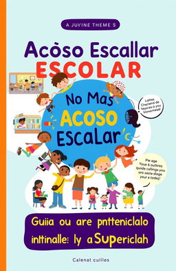 A colorful, engaging cover design for a juvenile theme guide titled "No Más Acoso Escolar: Guía para Entenderlo y Superarlo"