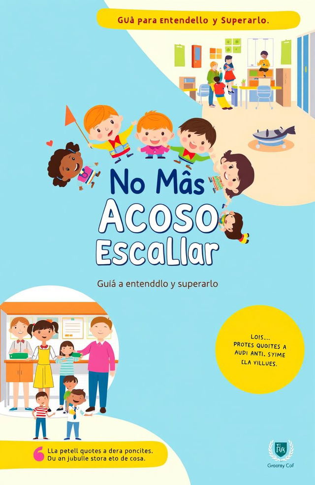 A colorful, engaging cover design for a juvenile theme guide titled "No Más Acoso Escolar: Guía para Entenderlo y Superarlo"