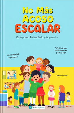 A colorful, engaging cover design for a juvenile theme guide titled "No Más Acoso Escolar: Guía para Entenderlo y Superarlo"