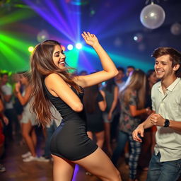 A vibrant and energetic scene of a young woman dancing with enthusiasm as she performs a twerking move, showcasing her confidence and body language, while a young man enjoys the lively atmosphere in a casual party setting