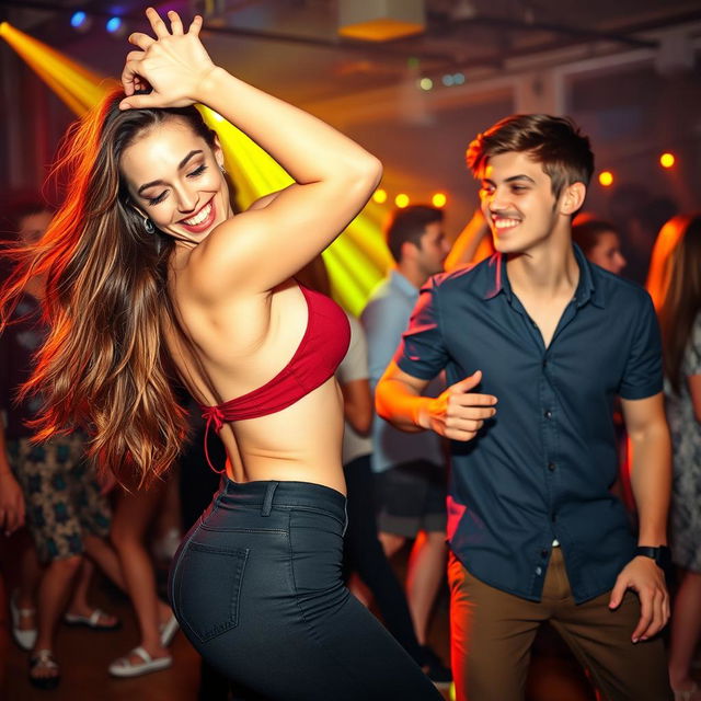 A vibrant and energetic scene of a young woman dancing with enthusiasm as she performs a twerking move, showcasing her confidence and body language, while a young man enjoys the lively atmosphere in a casual party setting