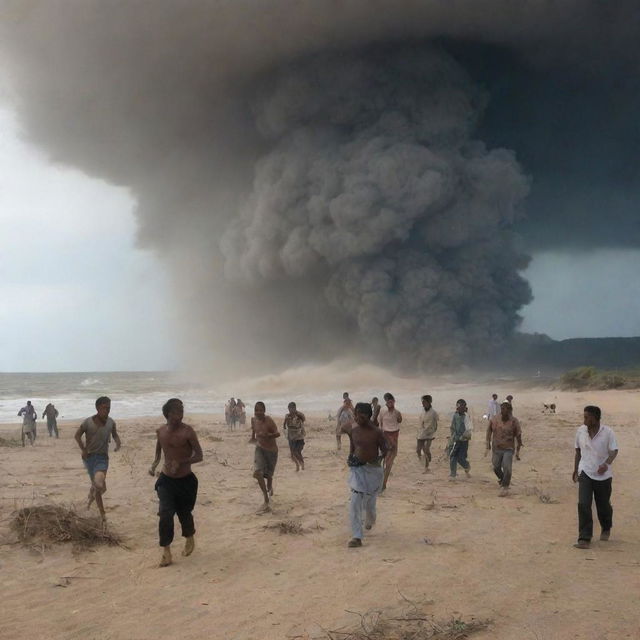 A scene of chaos unfolds on the desert's coastal edge as villagers, their faces reflecting sheer terror, run from the escalating threats of the sea tornado.