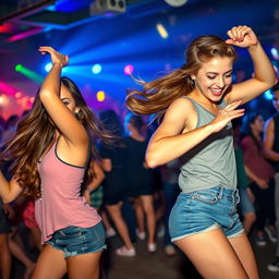 A vibrant and energetic scene of a young woman dancing with enthusiasm as she performs a twerking move, showcasing her confidence and body language, while a young man enjoys the lively atmosphere in a casual party setting