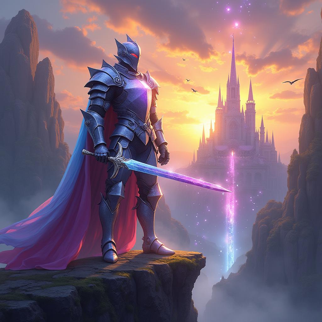 An epic fantasy scene depicting a powerful knight known as the Shard Knight, adorned in shimmering, crystal-like armor that reflects various colors of the rainbow