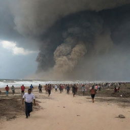 A scene of chaos unfolds on the desert's coastal edge as villagers, their faces reflecting sheer terror, run from the escalating threats of the sea tornado.