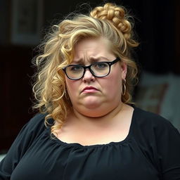 A woman resembling Scarlett Johansson with a morbidly obese and chubby round body, featuring wispy curly long hair styled in a bun