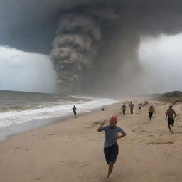 A scene of chaos unfolds on the desert's coastal edge as villagers, their faces reflecting sheer terror, run from the escalating threats of the sea tornado.