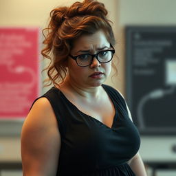 A woman resembling Scarlett Johansson with a morbidly obese and chubby round body, featuring wispy curly long hair styled in a bun