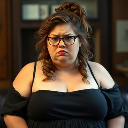 A woman resembling Scarlett Johansson with a morbidly obese and chubby round body, featuring wispy curly long hair styled in a bun
