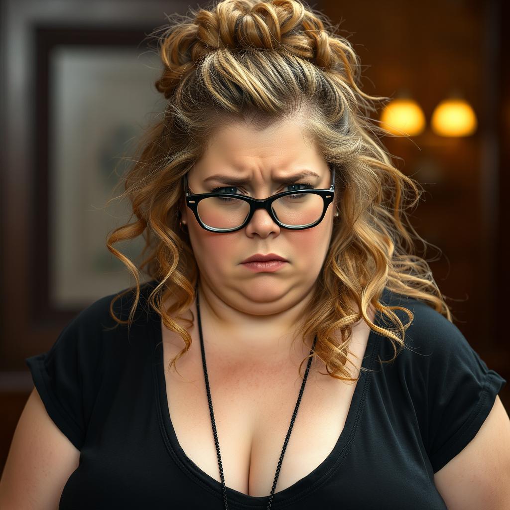 A woman resembling Scarlett Johansson with a morbidly obese and chubby round body, featuring wispy curly long hair styled in a bun