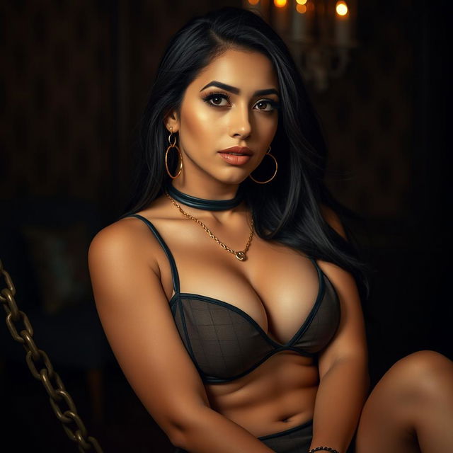 A confident 20-year-old Arab woman with large breasts, elegantly posed while sitting on a stylish BDSM chain