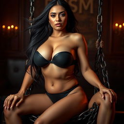 A confident 20-year-old Arab woman with large breasts, elegantly posed while sitting on a stylish BDSM chain