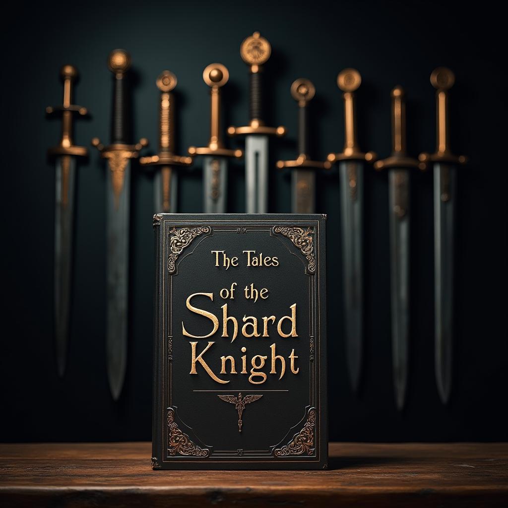 A captivating book titled 'The Tales of the Shard Knight' displayed in elegant golden letters, prominently featured in the foreground