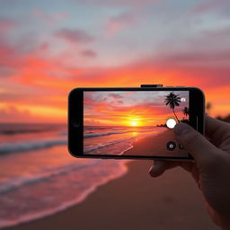 An artistic representation of a smartphone capturing a vibrant sunset over a serene beach